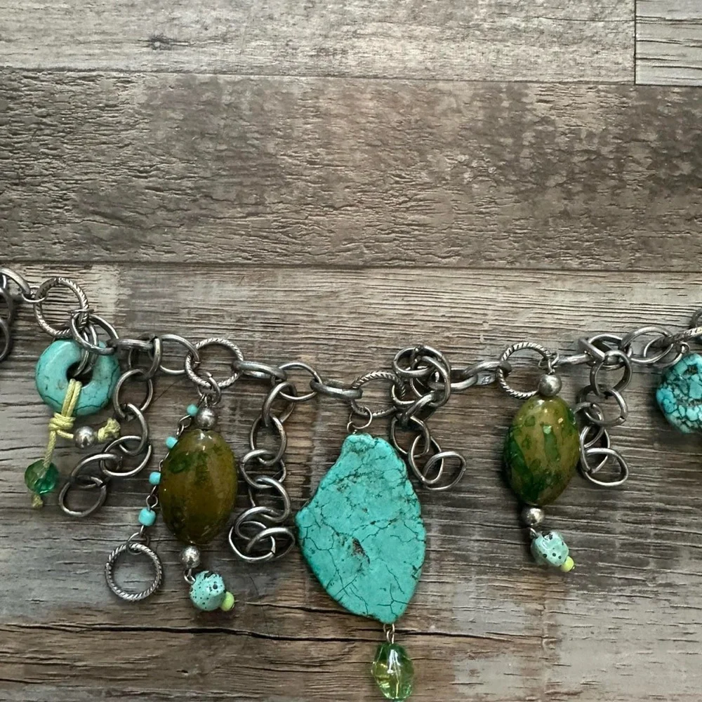 Vintage Silver Chain Turquoise Chunky Charm Necklace - Picture 3 of 4